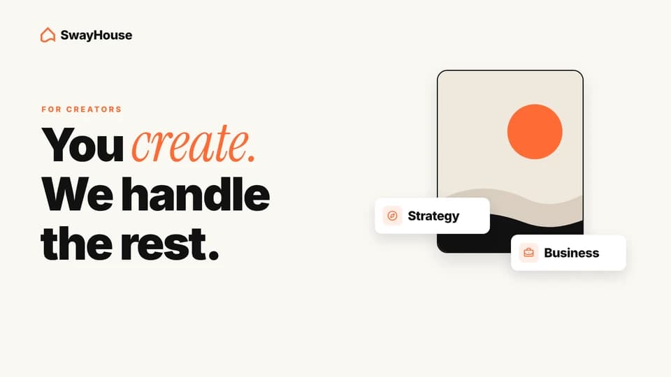 SwayHouse for creators. Headline: You create. We handle the rest. A simple content frame with two cards beside it, Strategy and Business.